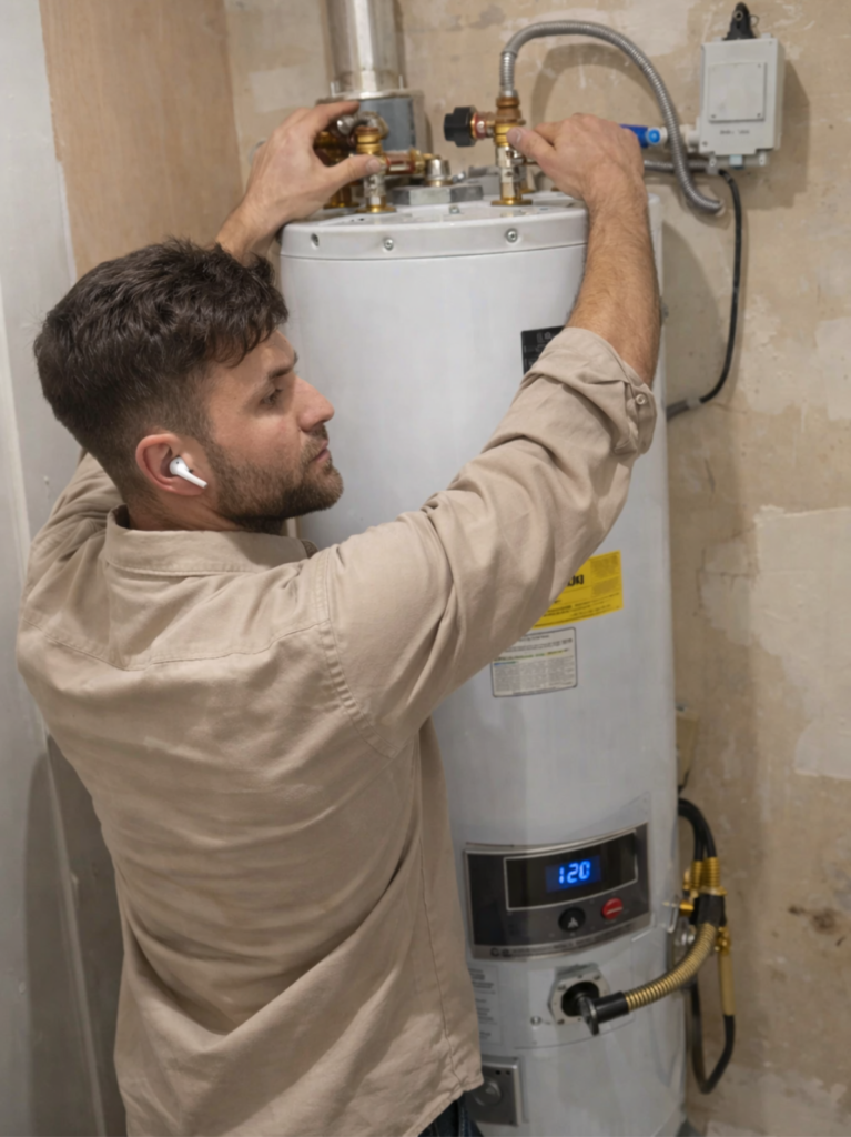 The plumber is connecting the water heater.