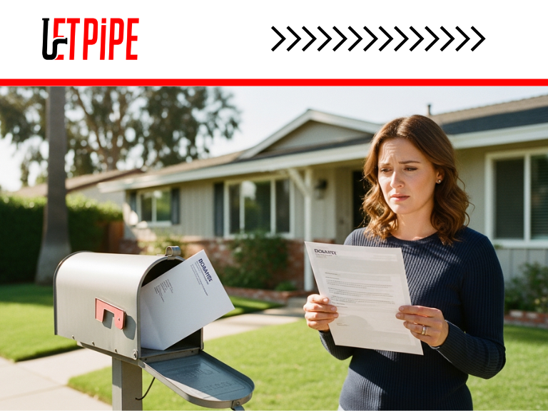 A middle-aged girl reads a letter at the mailbox of her home