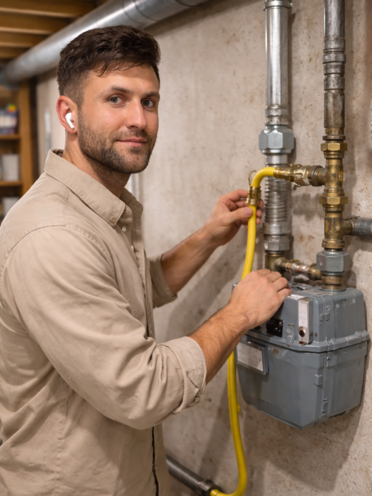 The plumber is working on the gas water heater.