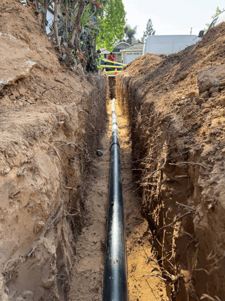 Trench for sewer lines from the house to the main line.